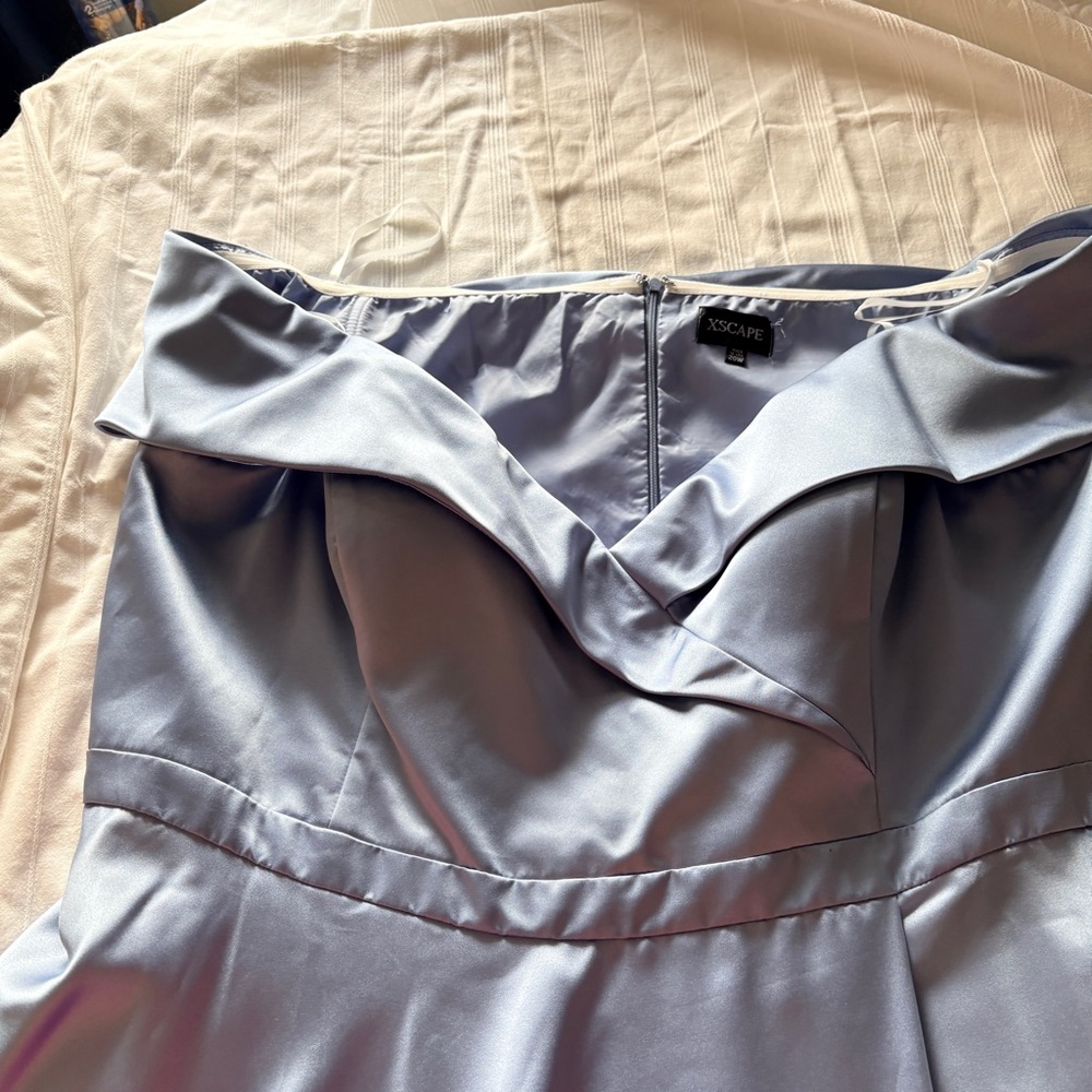 Xscape Women's Satin Off Shoulder Dress in Light Blue - Picture 6 of 9